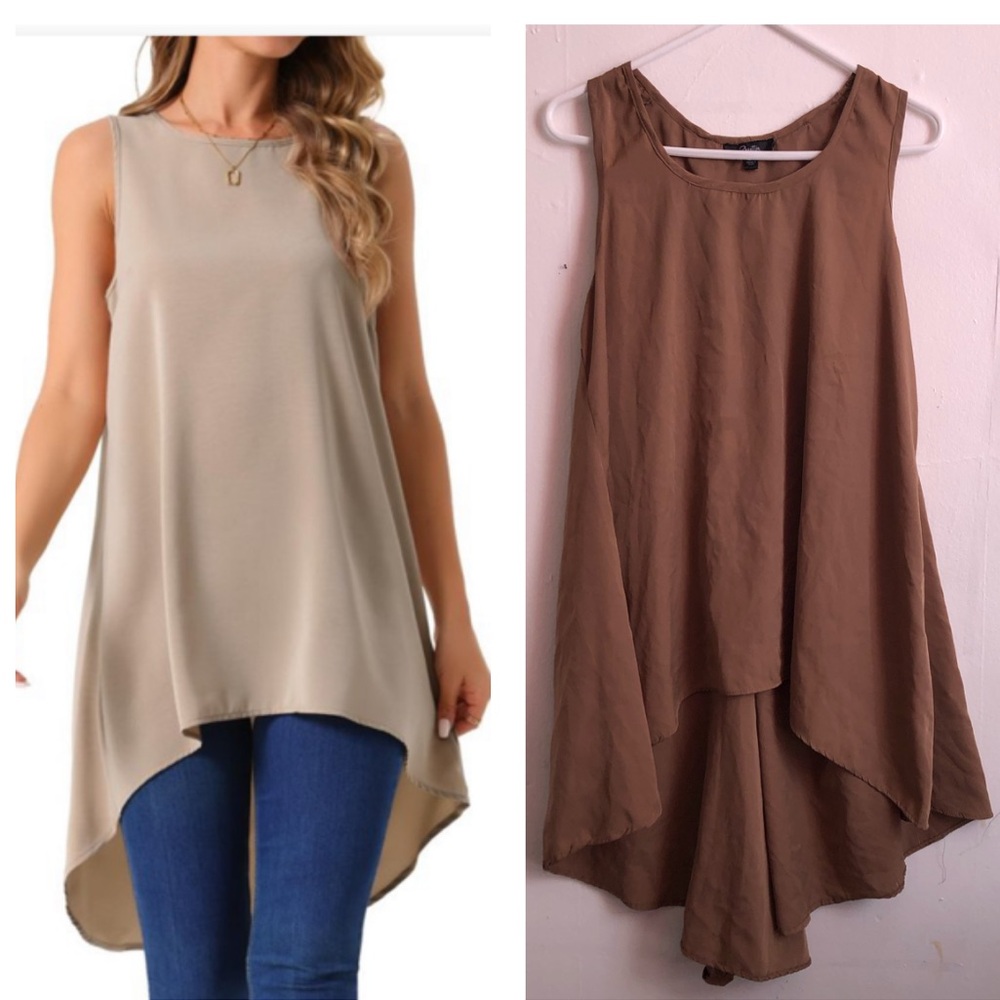 Rosettes Casual High Low Blouse Sleeveless Crewneck Asymetrical Hem Flowy Tan